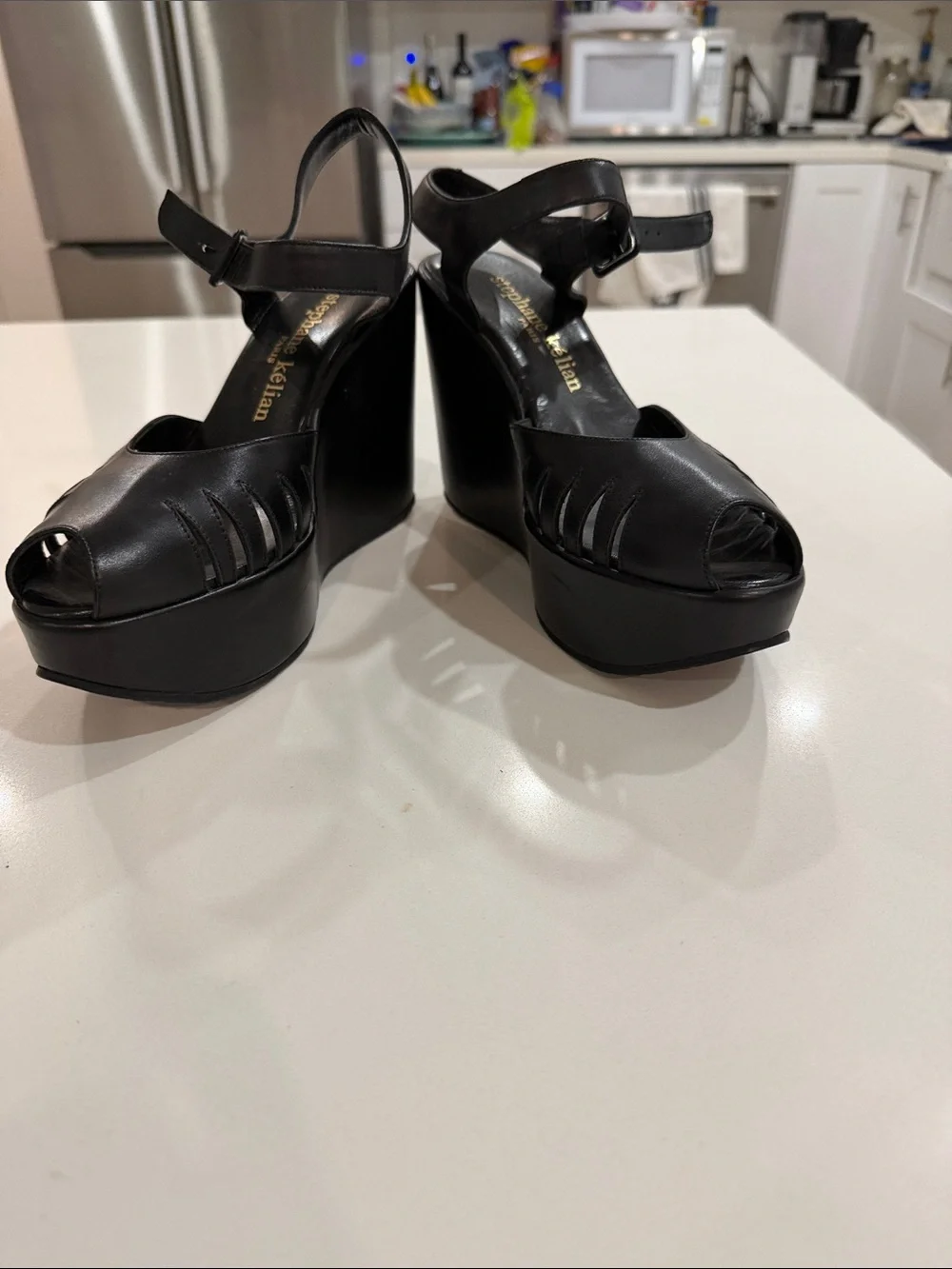 Stephane Kelian Black Leather Peep-Toe Wedge Sandals vintage brand new!